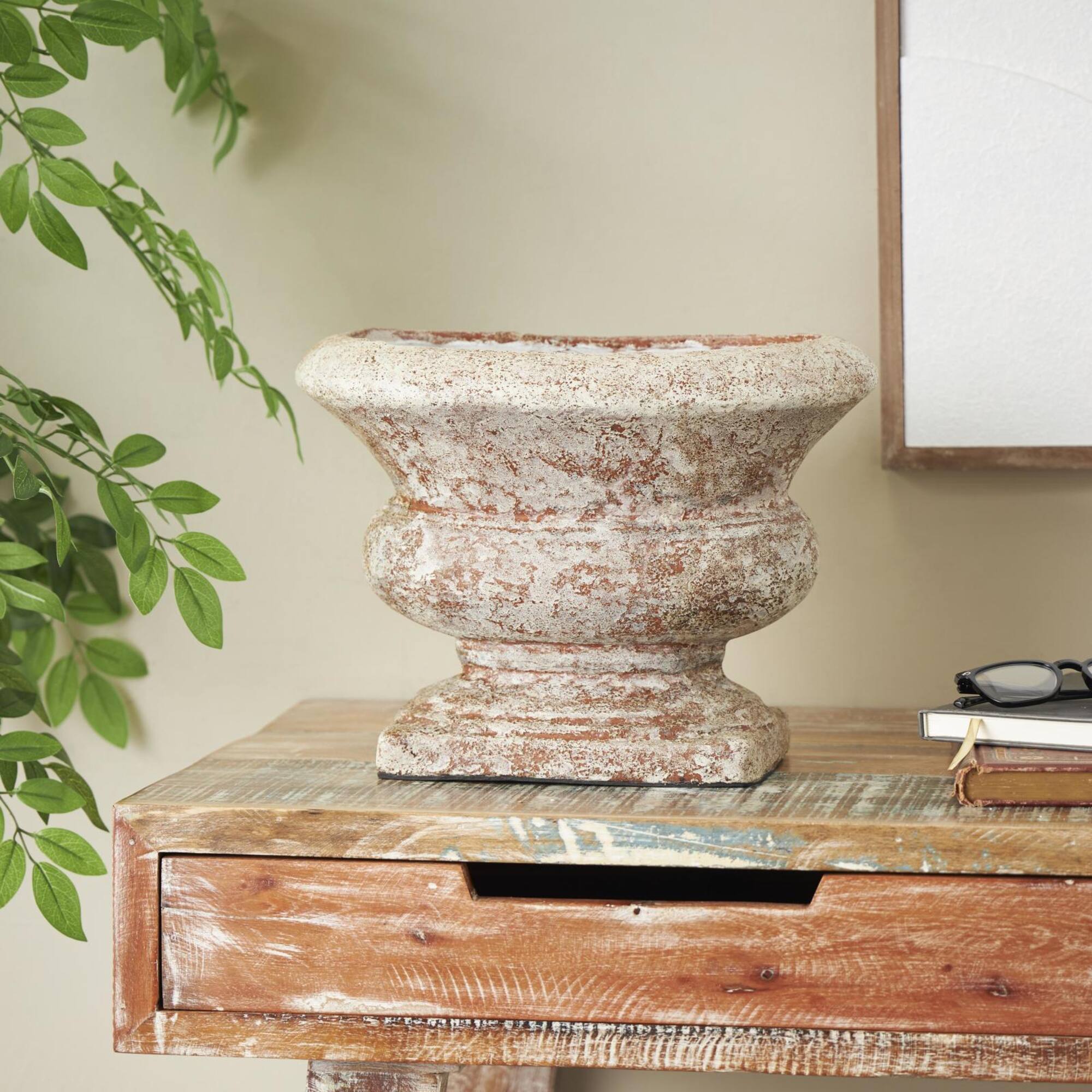 10.5" Brown Ceramic Antique Style Textured Wide Vase with Copper Accents